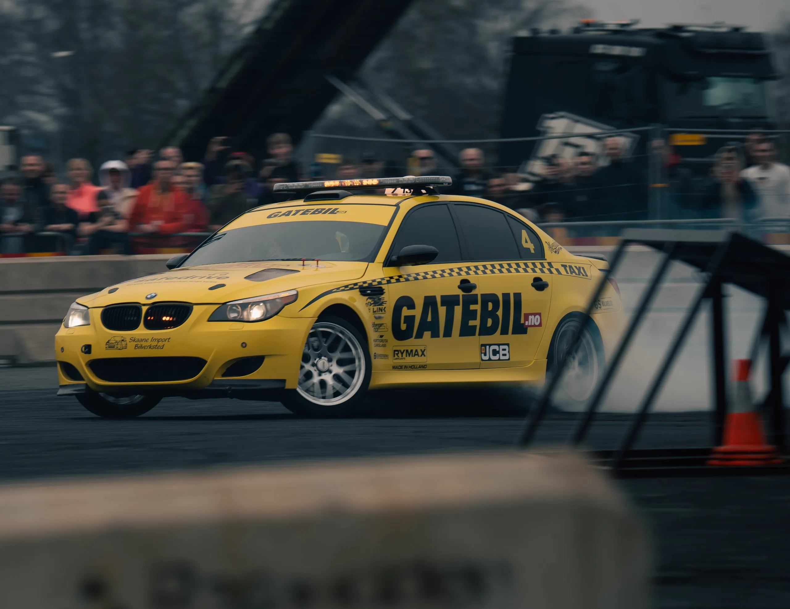 Gatebil's BMW M5 rolling past the jump ramps