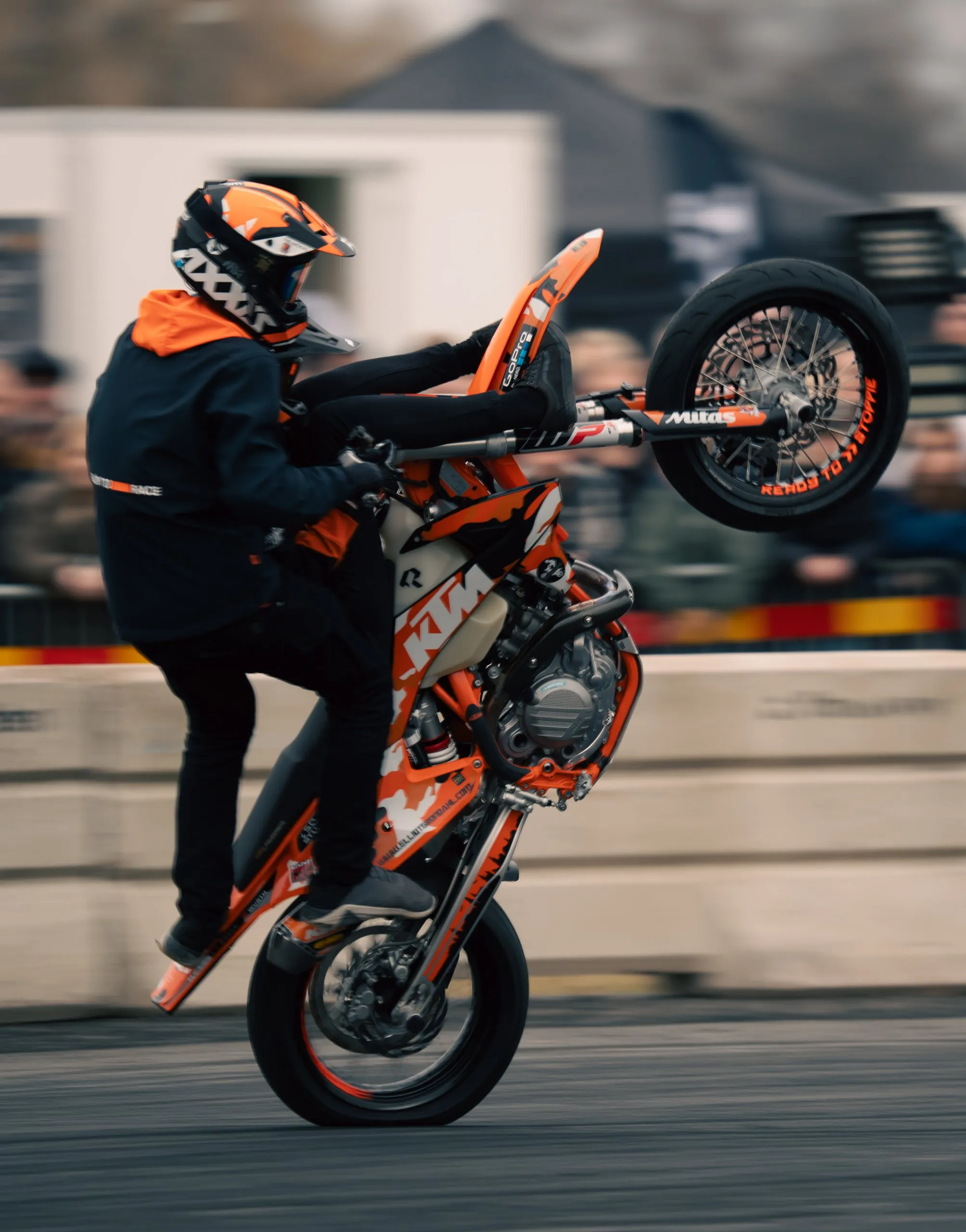 KTM supermoto wheelie seen from the side