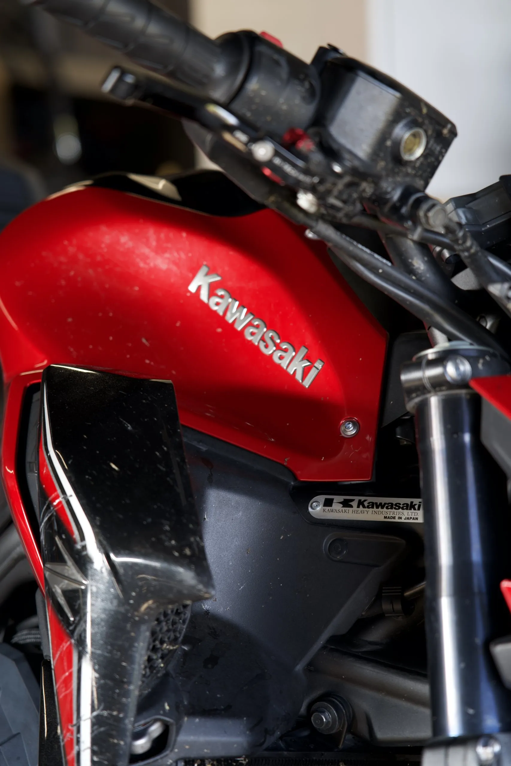 Close-up of the tank and the Kawasaki logo